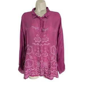Johnny Was Embroidered Floral Shirt XL Pink Cupra Rayon